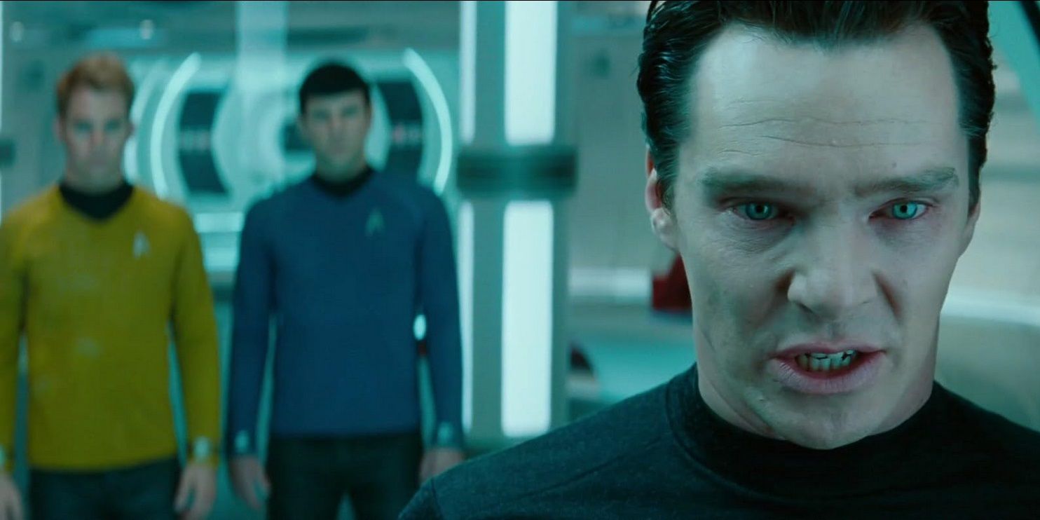 Star Trek Into Darkness. Chris Pine as Captain James T. Kirk, Zachary Quinto as Spock, Benedict Cumberbatch as Khan Noonien Singh and John Harrison.