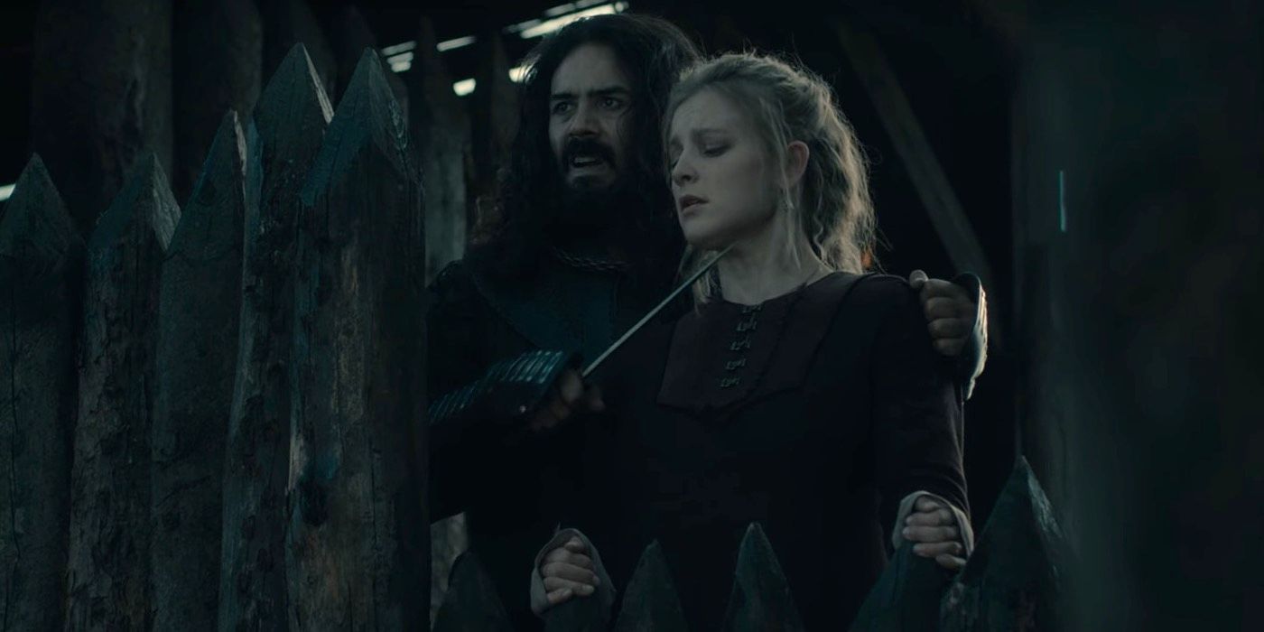 Aelfwynn with a knife to her throat in The Last Kingdom season 5.