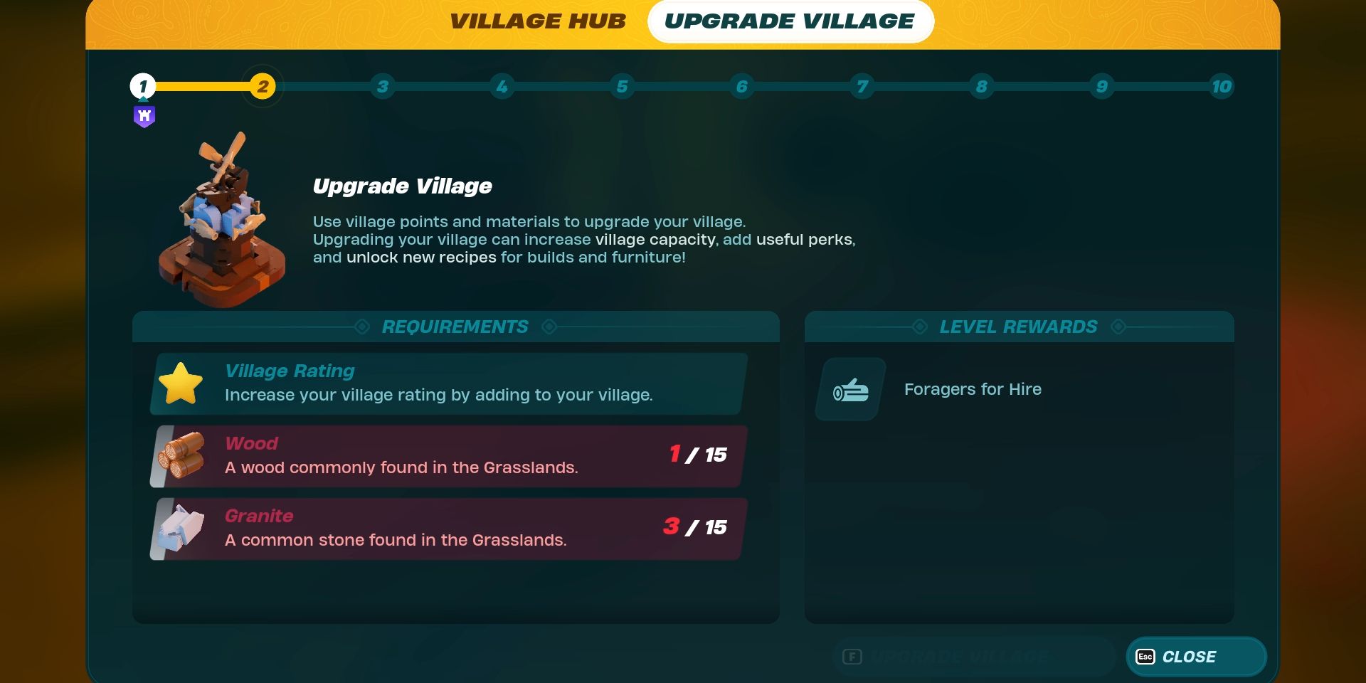 The Upgrade Village tab in Lego Fortnite shows the Level Requirements and Rewards for Level 2.
