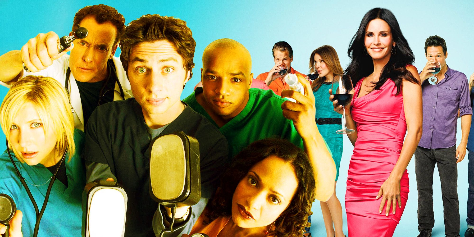 Composite image of the main casts of Scrubs and Cougar Town.