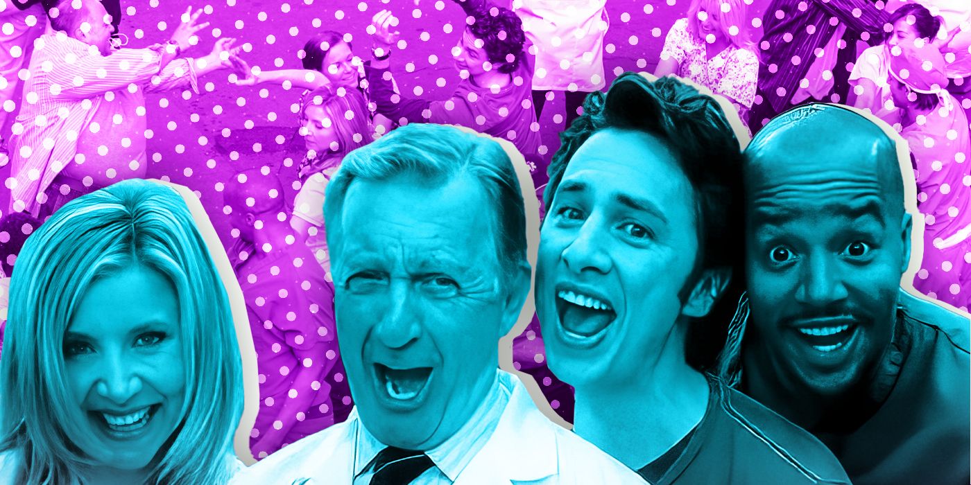 Scrubs composite image with Sarah Chalke, Ken Jenkins, Zach Braff, and Donald Faison in front of a purple background.