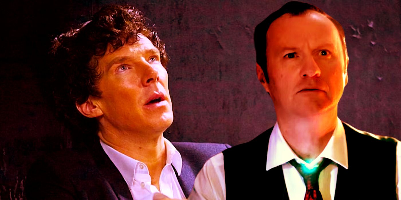 Benedict Cumberbatch como Sherlock olhando para cima e Mark Gatiss como Mycroft Holmes em Sherlock