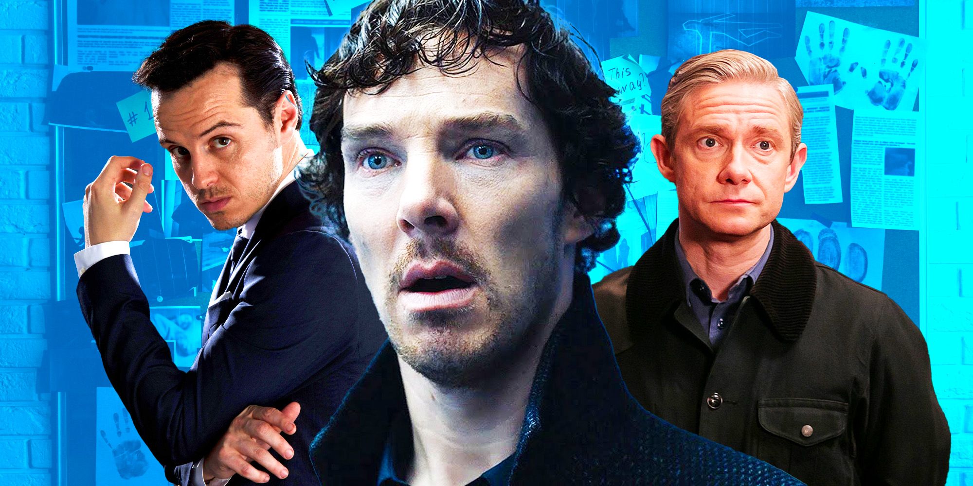 Sherlock collage with Moriarty (Andrew Scott), Sherlock Holmes (Benedict Cumberbatch) and James Watson (Martin Freeman) in front of a blue background
