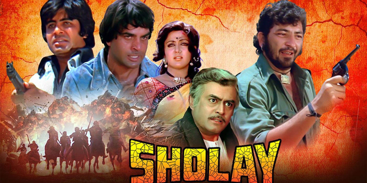 The DVD cover for Sholay depicting the film's central characters