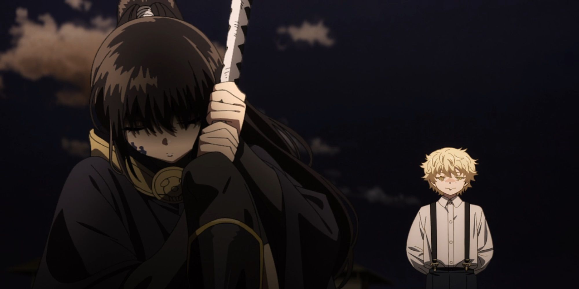 SHY Episode 12 Stigma Utsuro gripping a Katana with a dark background hanging in the distance.