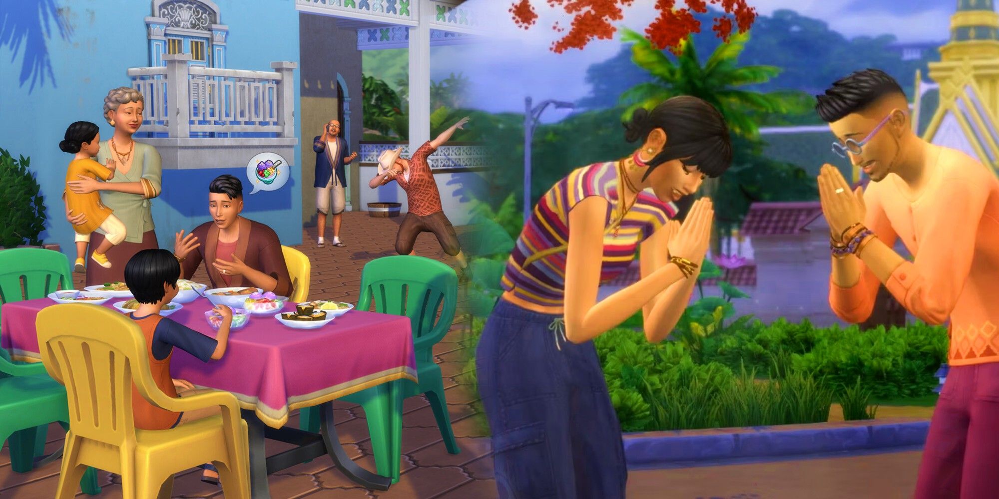 Sims 4 characters around a table alongside Sims 4 characters bowing respectfully.