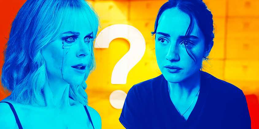 A custom image featuring Masha and Zoe in Nine Perfect Strangers and a question mark in the background