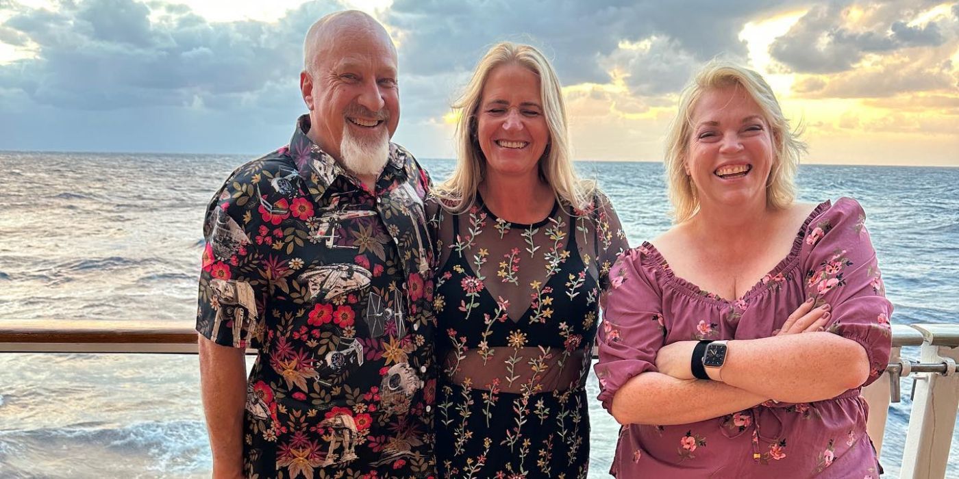 Sister Wives Christine Brown outside at beach with David Woolley and Janelle Brown smiling