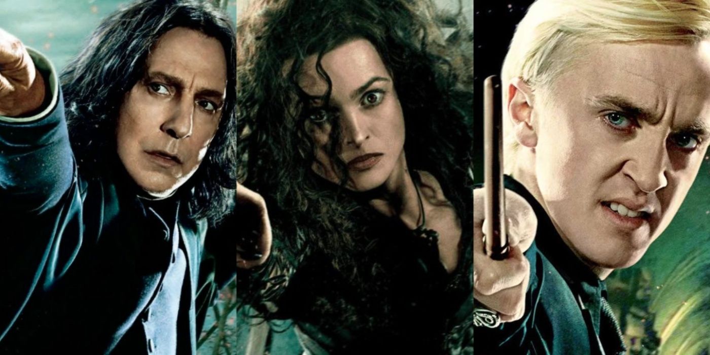 Side by side images of cropped Slytherin character posters for Severus Snape, Bellatrix Lestrange, and Draco Malfoy from the Harry Potter movies