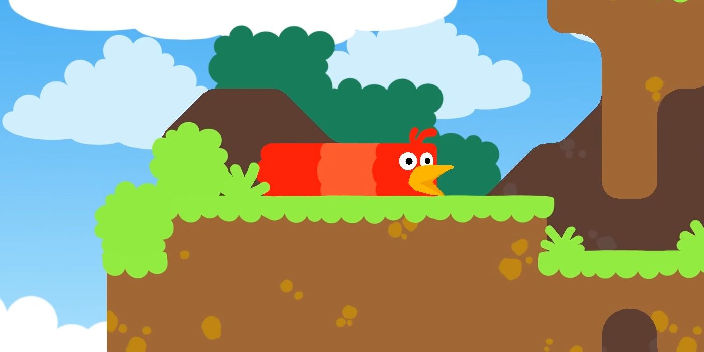 A red snake-bird hybrid cartoon created laying on a grassy hill on an island.