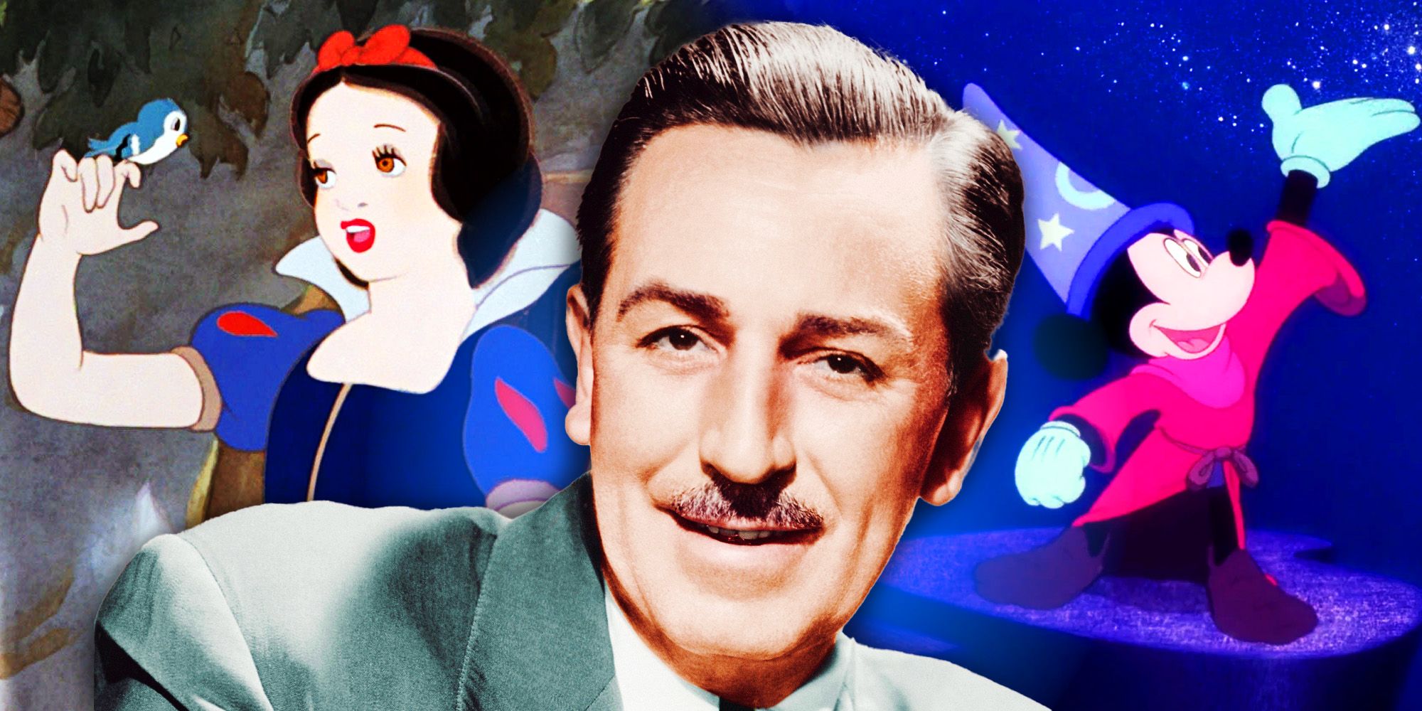 Snow White with a bird next to Walt Disney and Mickey Mouse as the apprentice in Fantasia