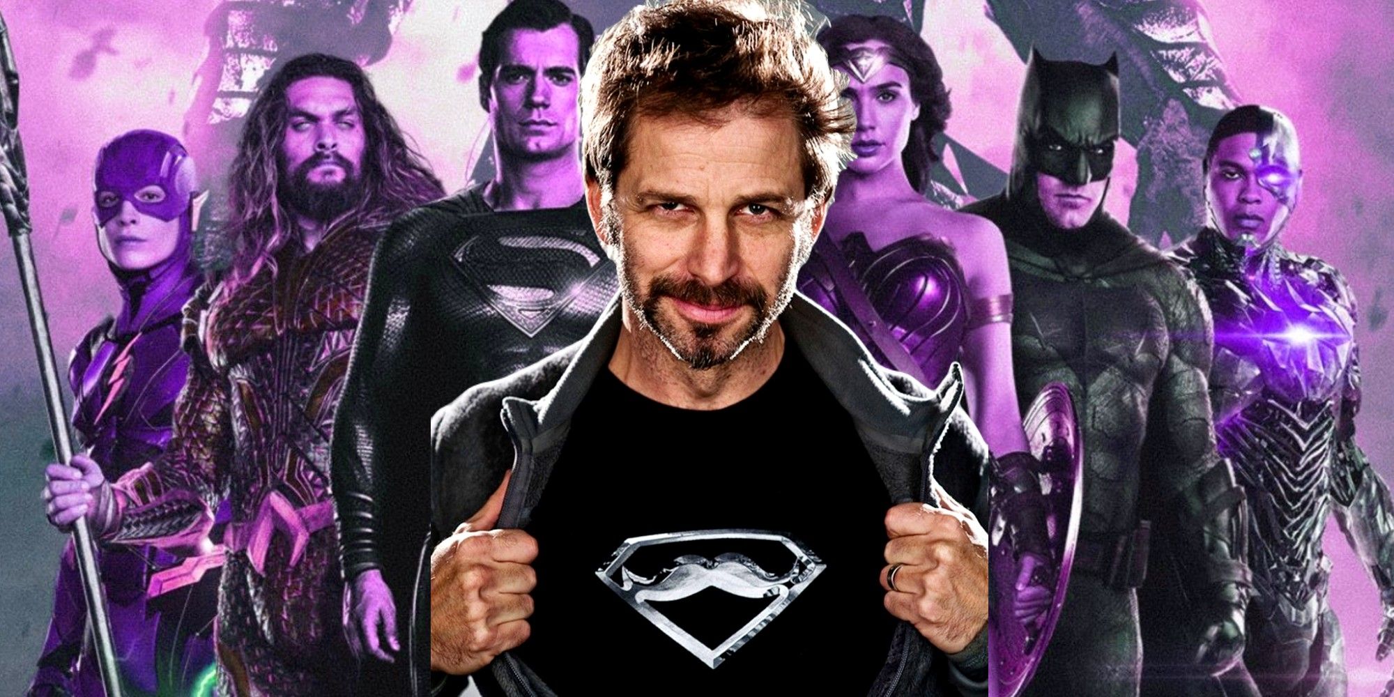 snyderverse netflix petition reasons - blended image with Zack Snyder standing in front of the justice league