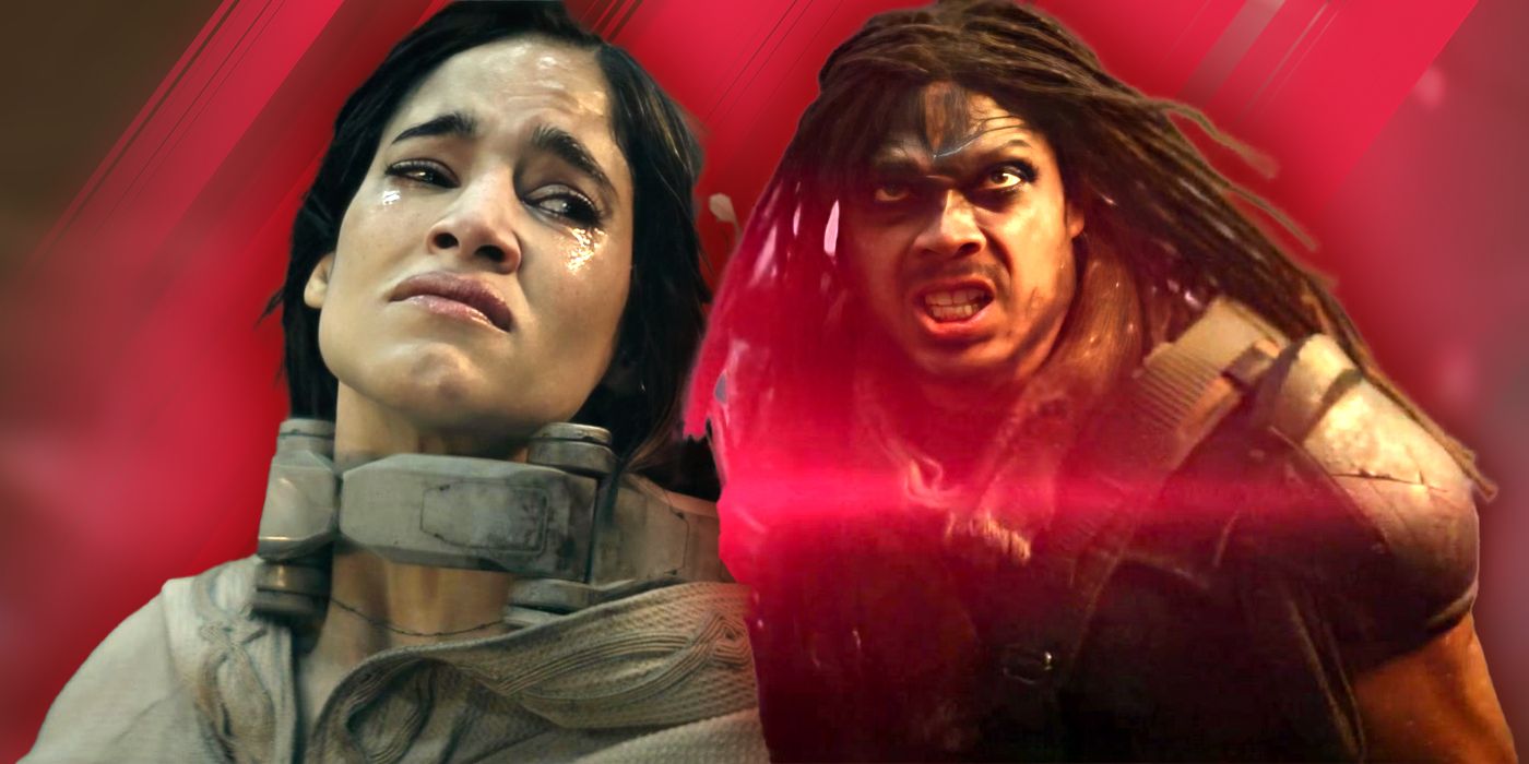 Sofia Boutella crying and Ray Fisher looking intense in Rebel Moon: Part One — A Child of FIre
