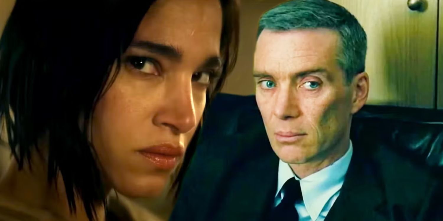 Sofia Boutella as Kora glaring in Rebel Moon and Cillian Murphy as Oppenheimer glaring in Oppenheimer.