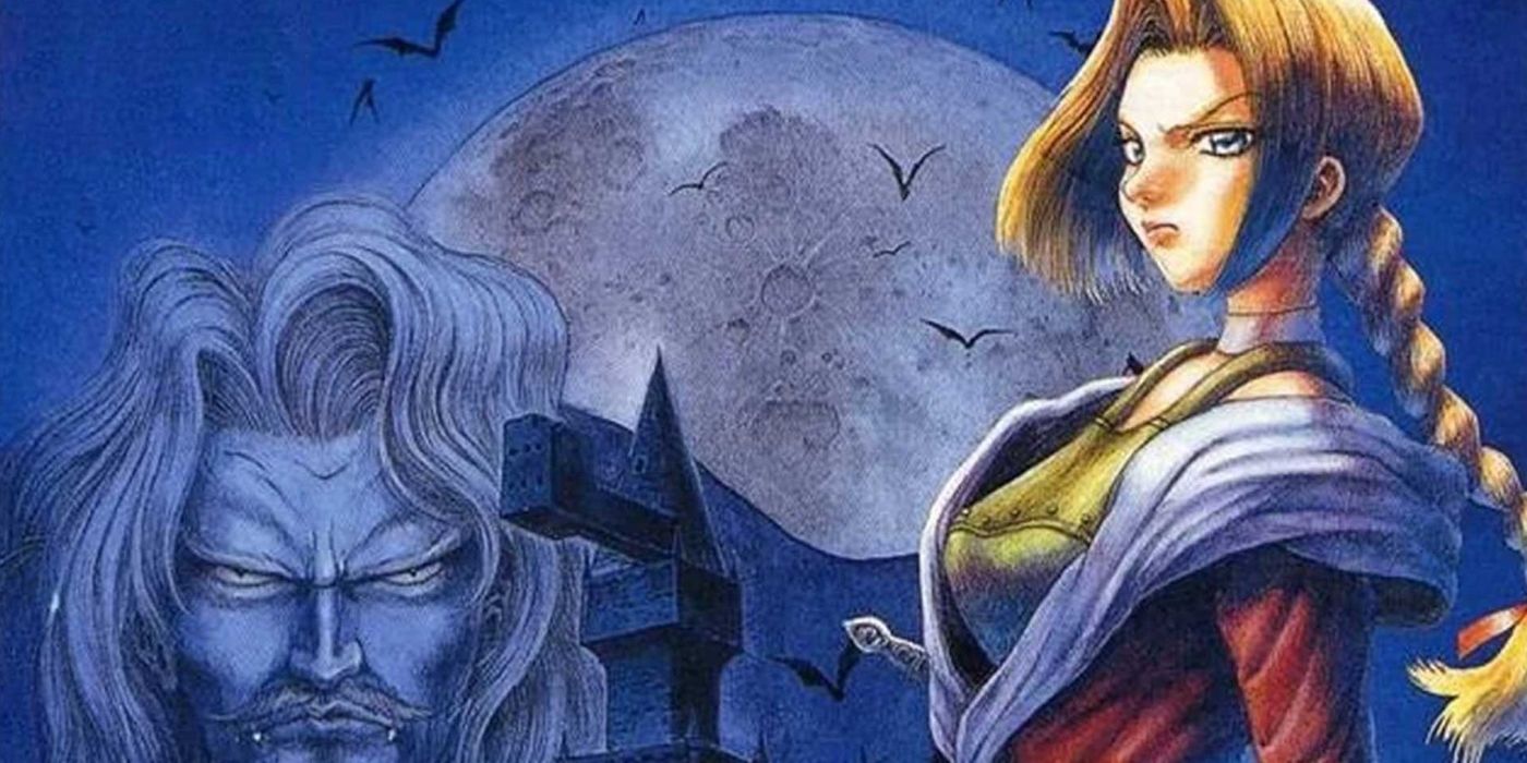 Sonia Belmont with Dracula in the background in promotional artwork for Castlevania Legends