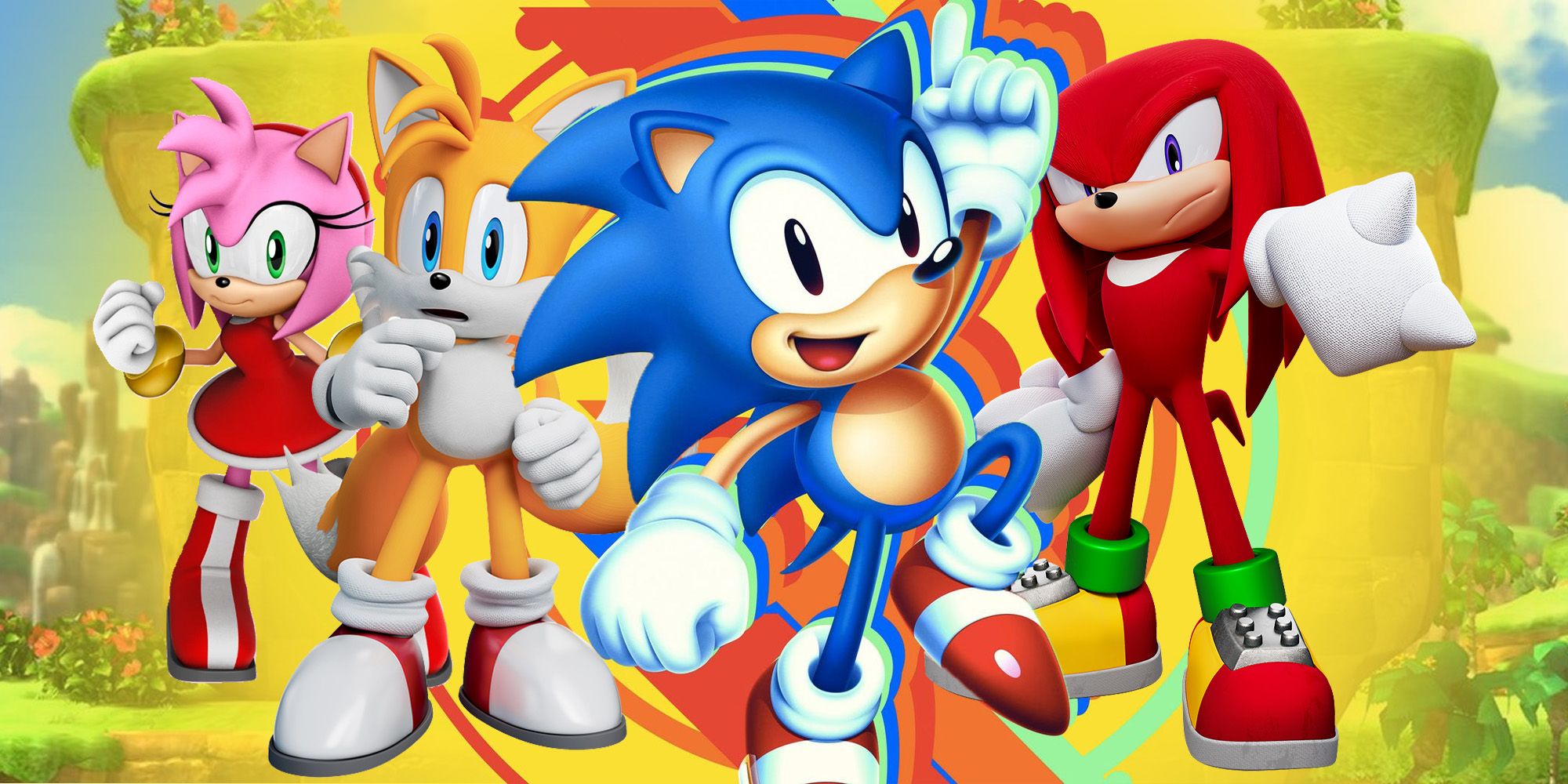 Sonic, Amy, Tails, and Knuckles from the Sonic the Hedgehog franchise.