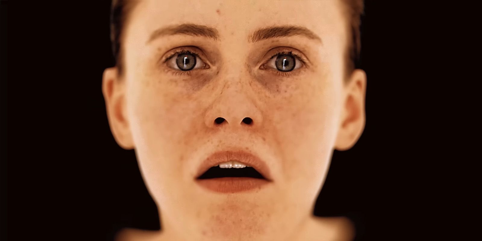 Sophia Lillis with her mouth open in fear from the teaser trailer for Hideo Kojima's OD.