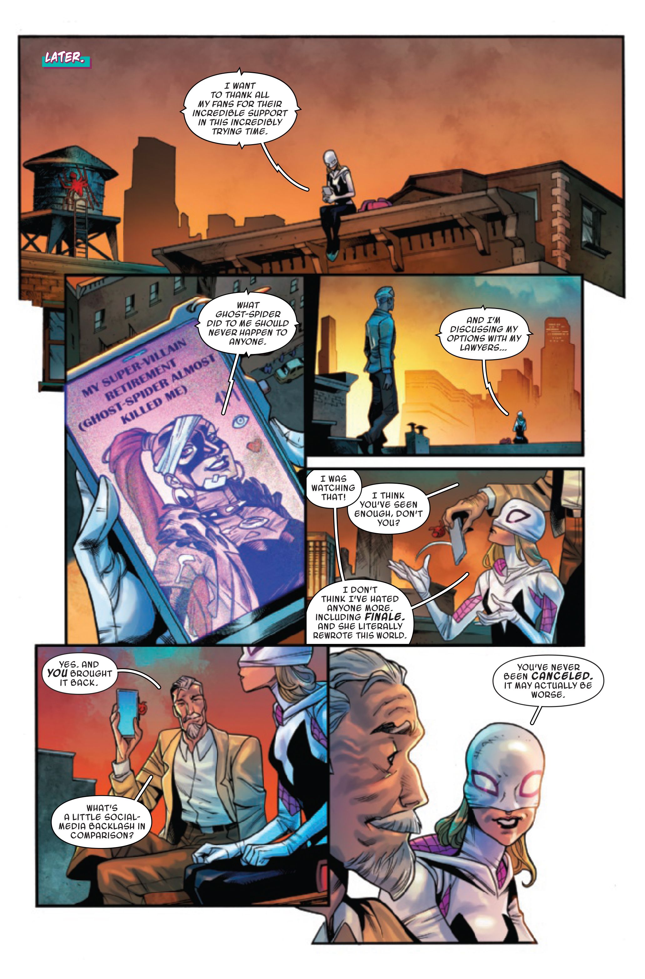 Panels of Gwen Stacy speaking her dad Captain Stacy in Spider-Gwen: Smash #1 page 7