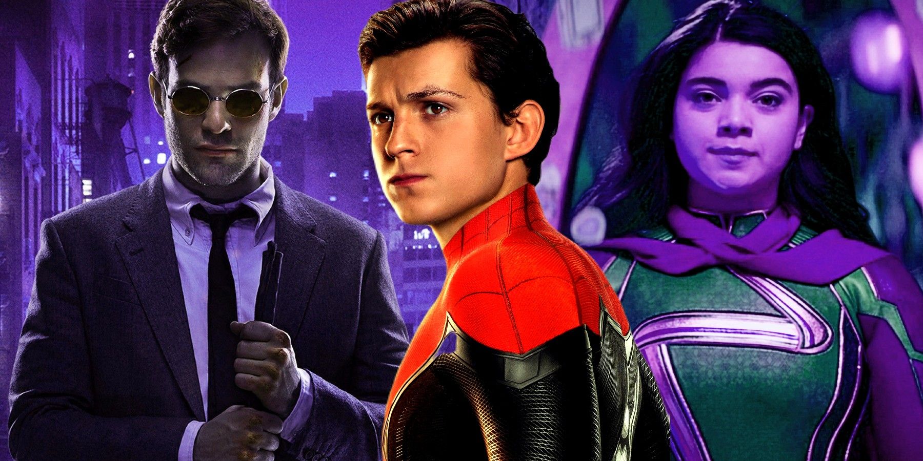 A split image of Spider-Man, Daredevil, and Ms. Marvel in the MCU