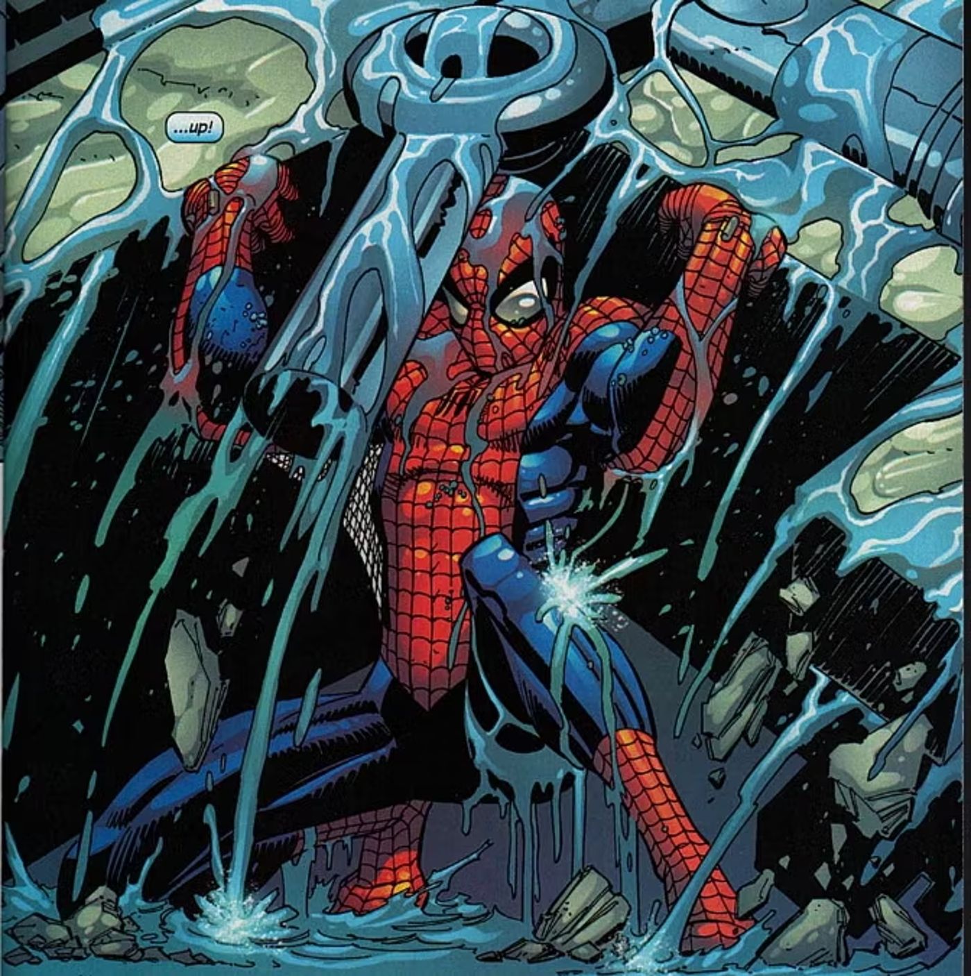 Amazing Spider-Man #500, Spidey lifting rubble while water pours over him, homage to Amazing Spider-Man #33