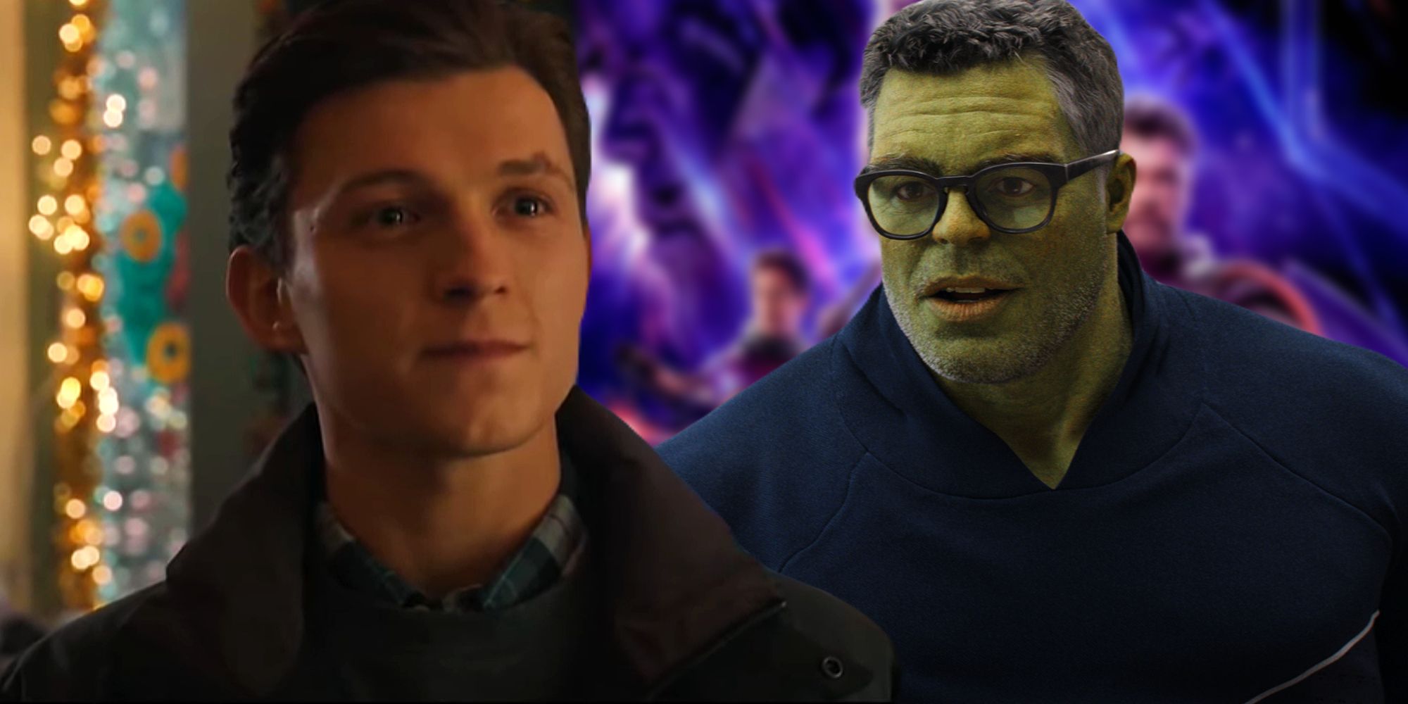 Peter Parker smiling sadly at the end of Spider-Man: No Way Home next to Smart Hulk above a blurred poster of Avengers: Endgame