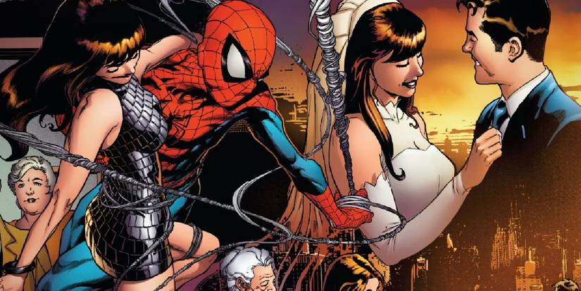 Comic book art: Spider-Man and Mary Jane webslinging on the left and Peter Parker and Mary Jane Watson getting married over NYC skyline on the right.