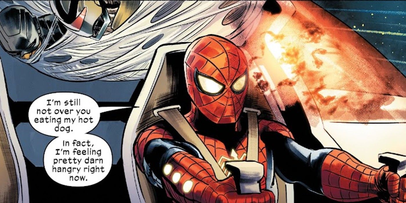 Spider-Man driving a space ship, saying he feels 