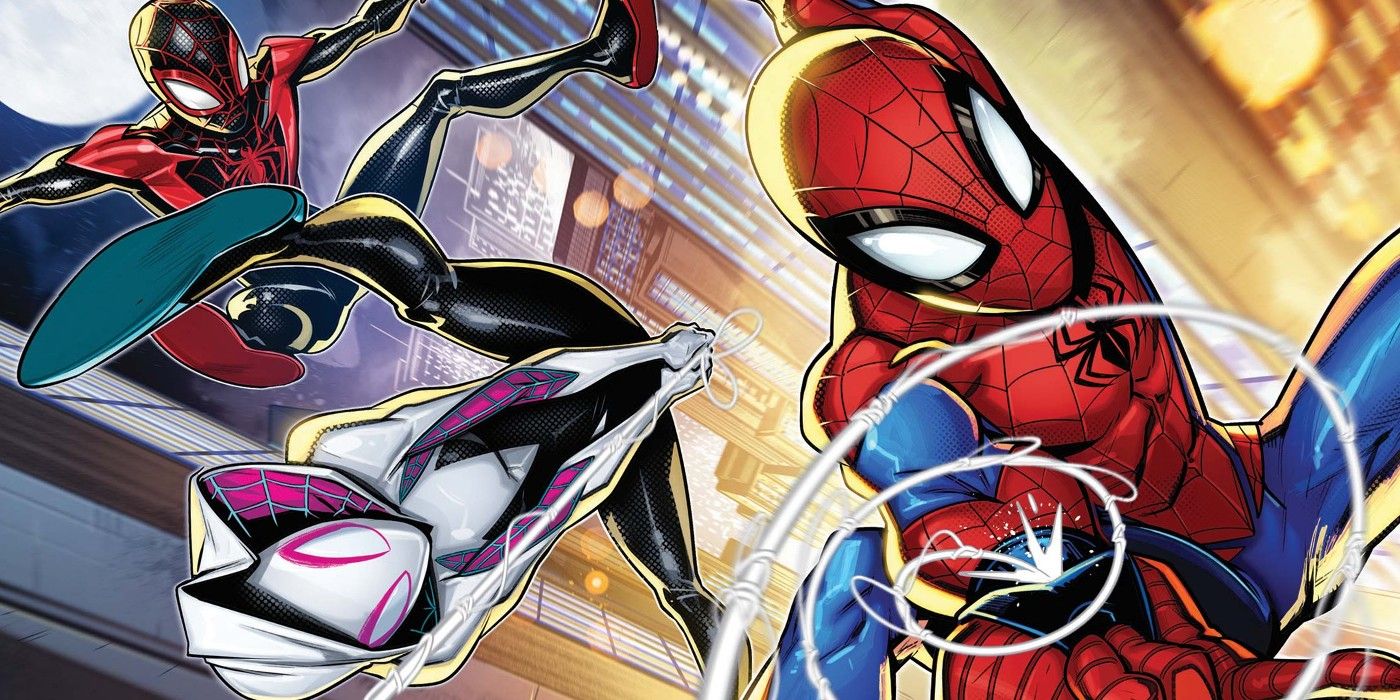 Spider-Gwen, and both Miles Morales & Peter Parker as Spider-Man swing through the city.