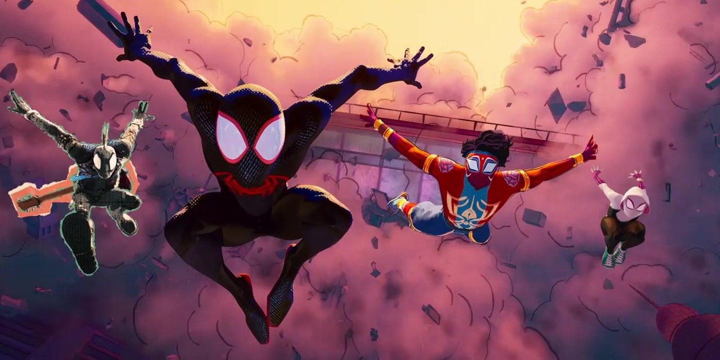 Spider-Punk, Miles, Spider-Man India, and Gwen jump through the air in Spider-Man Across the Spider-Verse