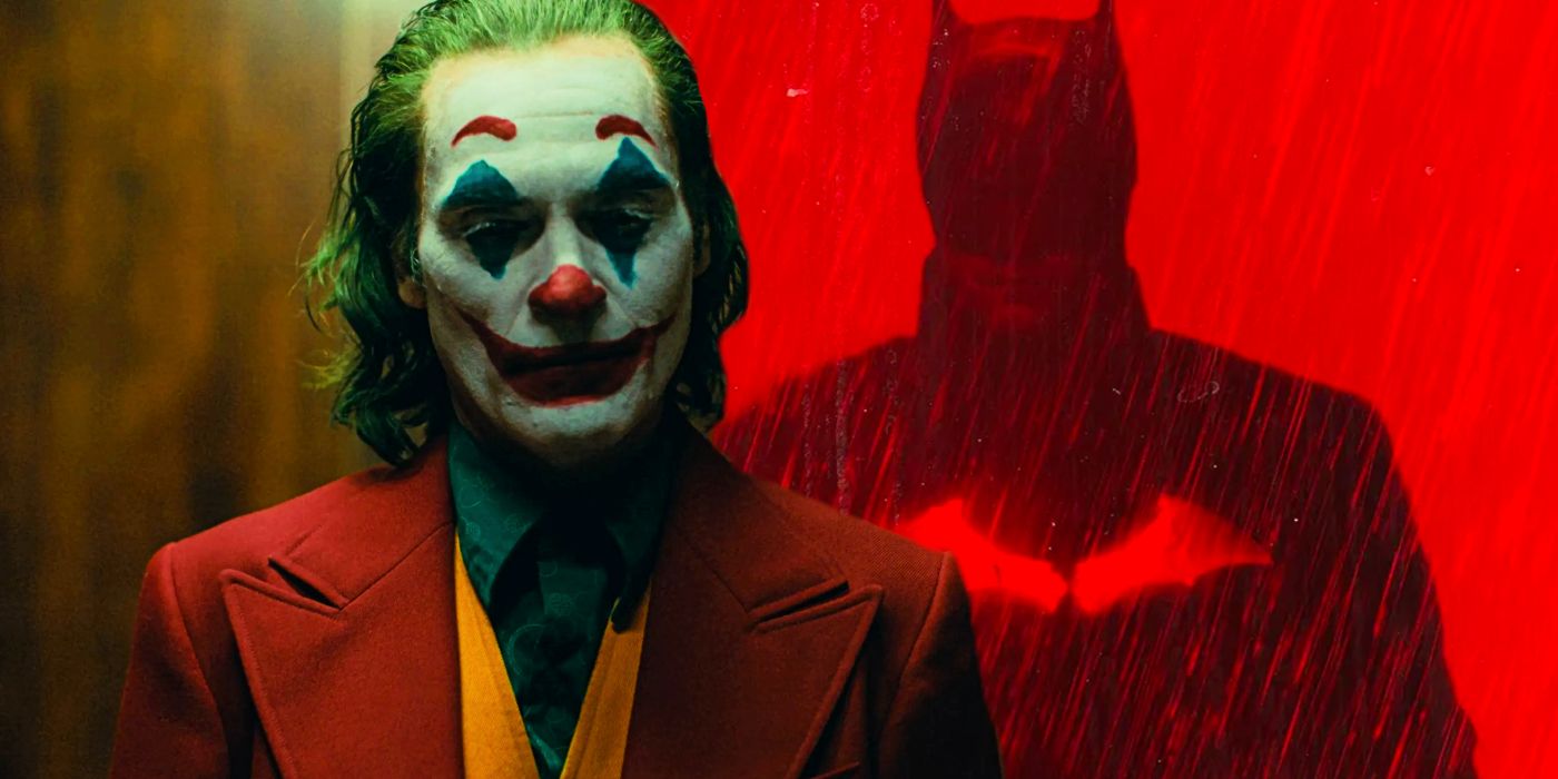 Split image of Joaquin Phoenix's Joker from the 2019 Joker movie and Robert Pattinson's Batman from The Batman