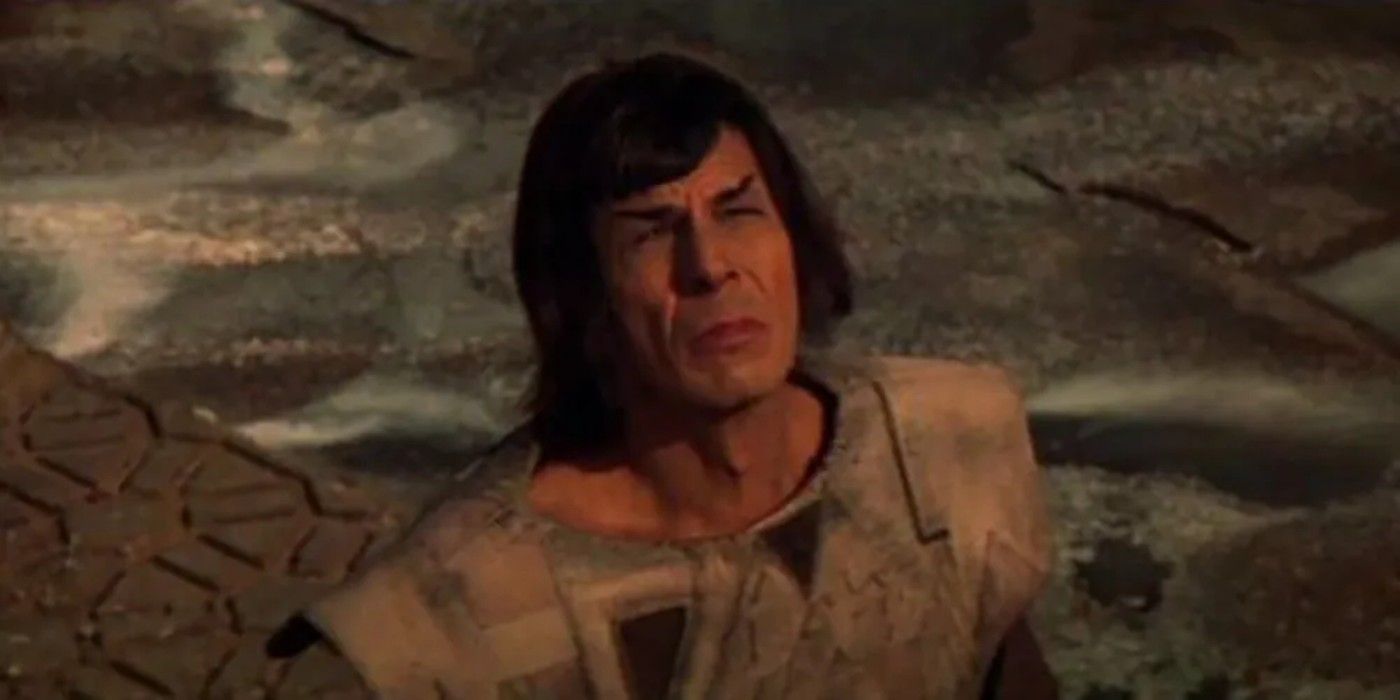 Image of a long-haired Spock on Vulcan