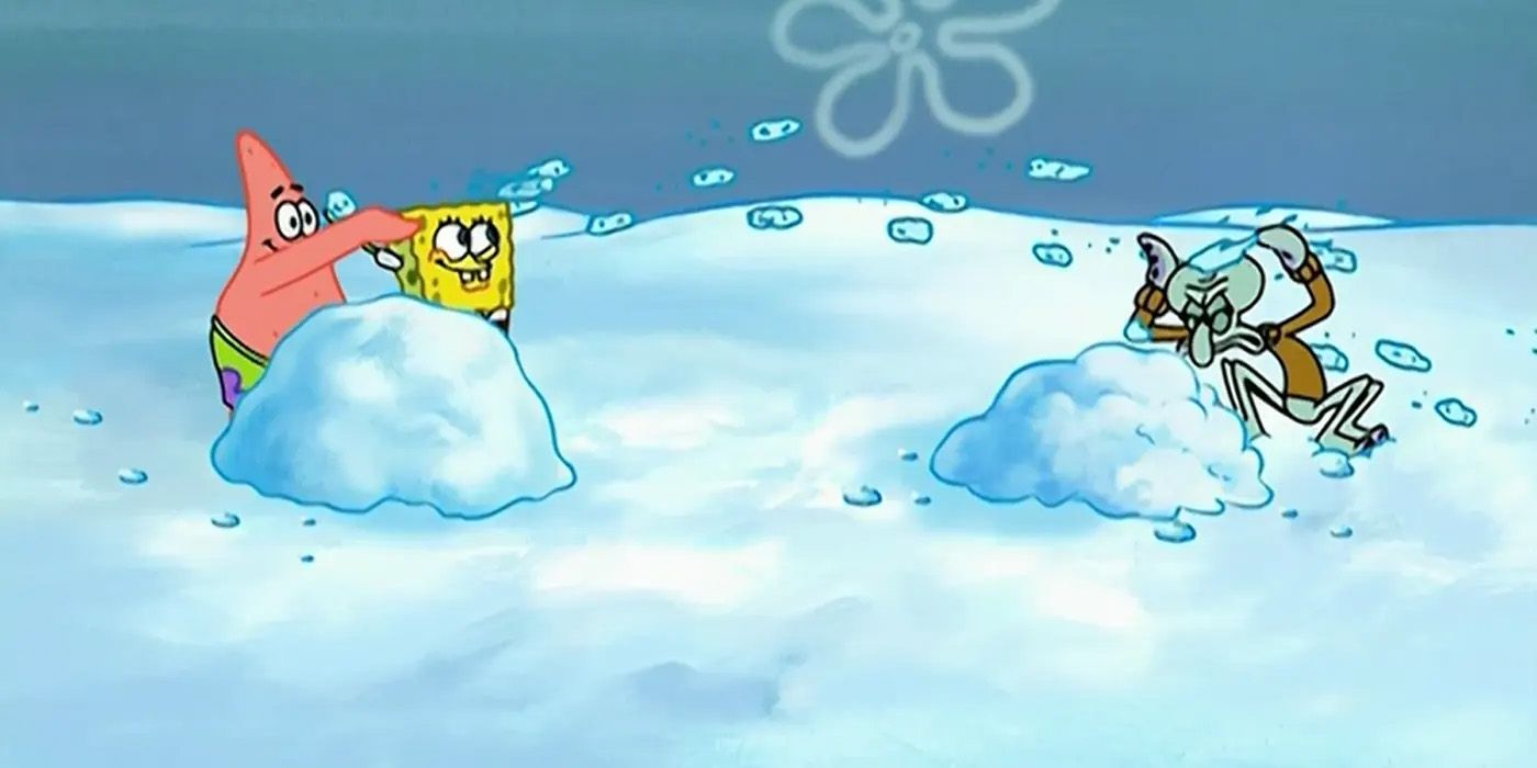 Bob Esponja y Patricio en una pelea de bolas de nieve con Calamardo.