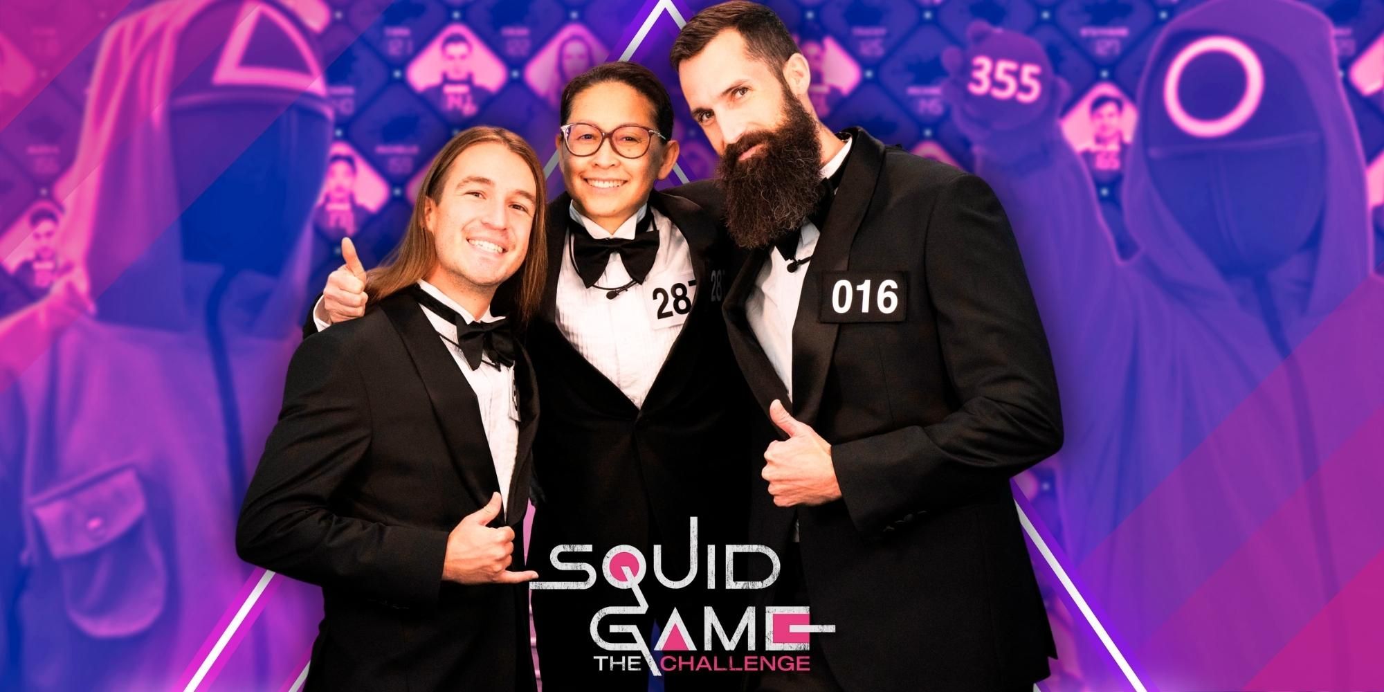 Image of players Sam (016), Phill (451), Mai (287) from Squid Game: The Challenge