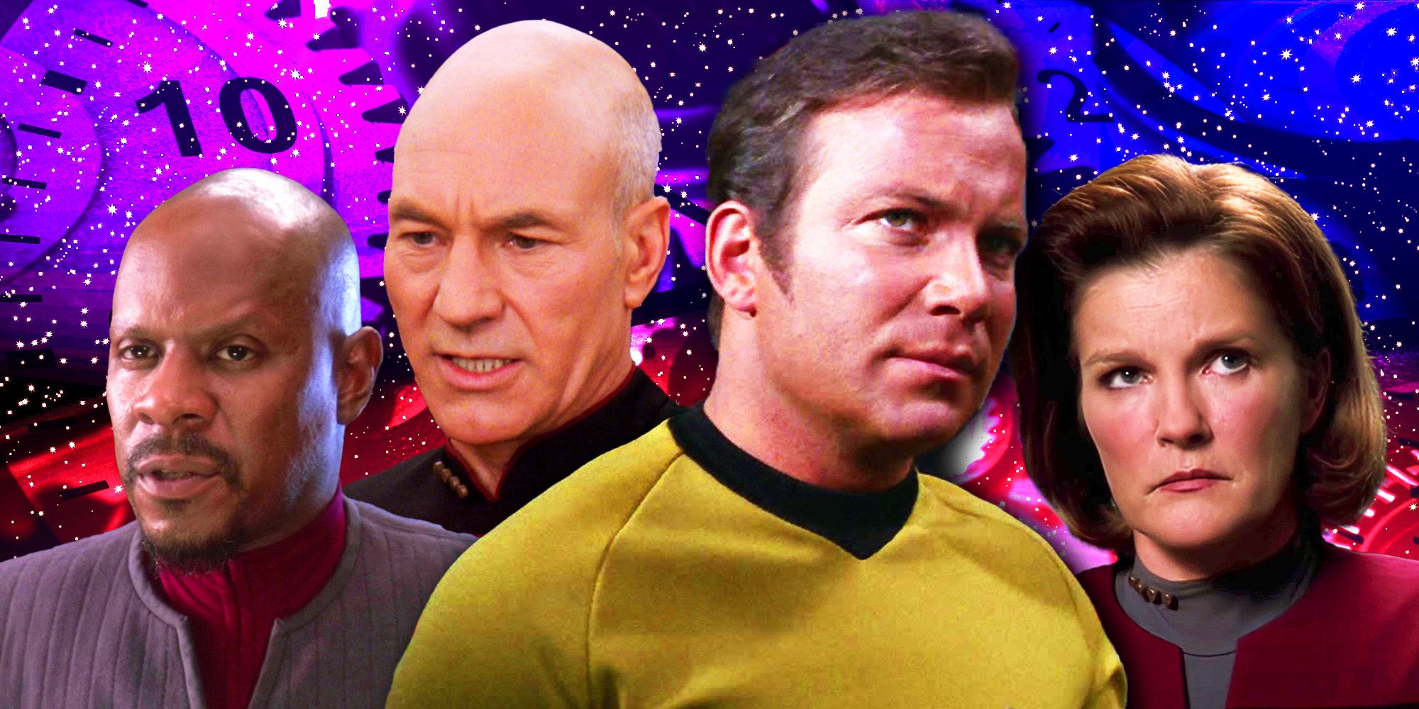 Collage of Captain Sisko, Captain Picard, Captain Kirk, and Captain Janeway from the Star Trek franchise.