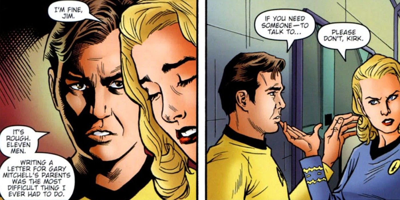 Captain Kirk reveals writing a letter home to Gary Mitchell’s family was the hardest thing he ever did.