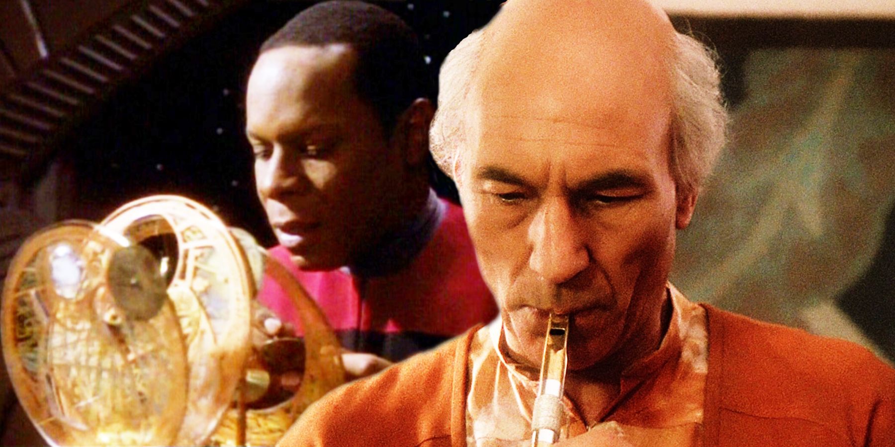 Sisko building a clock, Picard playing a flute