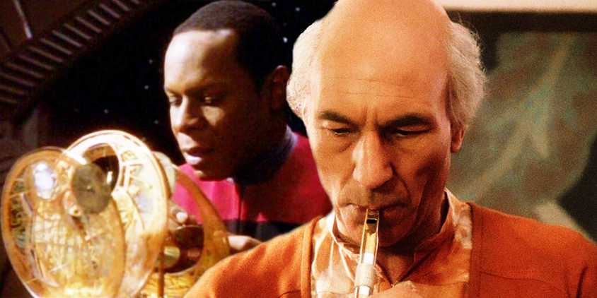 Sisko building a clock, Picard playing a flute