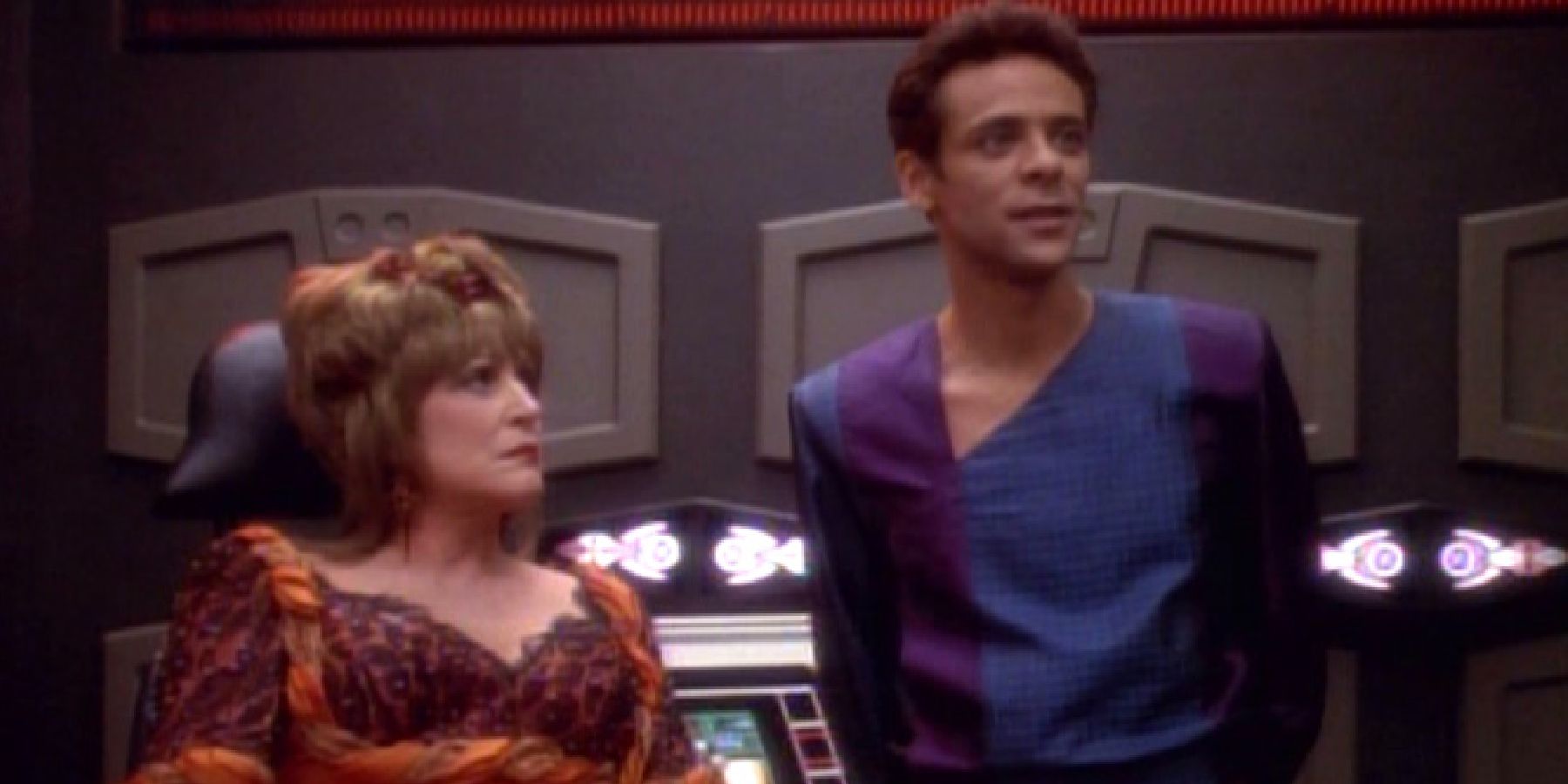 Lwaxana Troi gets her diagnosis from Dr. Bashir in sickbay
