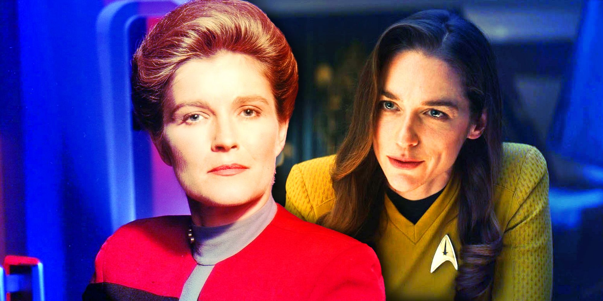 Captain Janeway and Captain Batel from Star Trek: Voyager and Strange New Worlds respectively merged side-by-side.