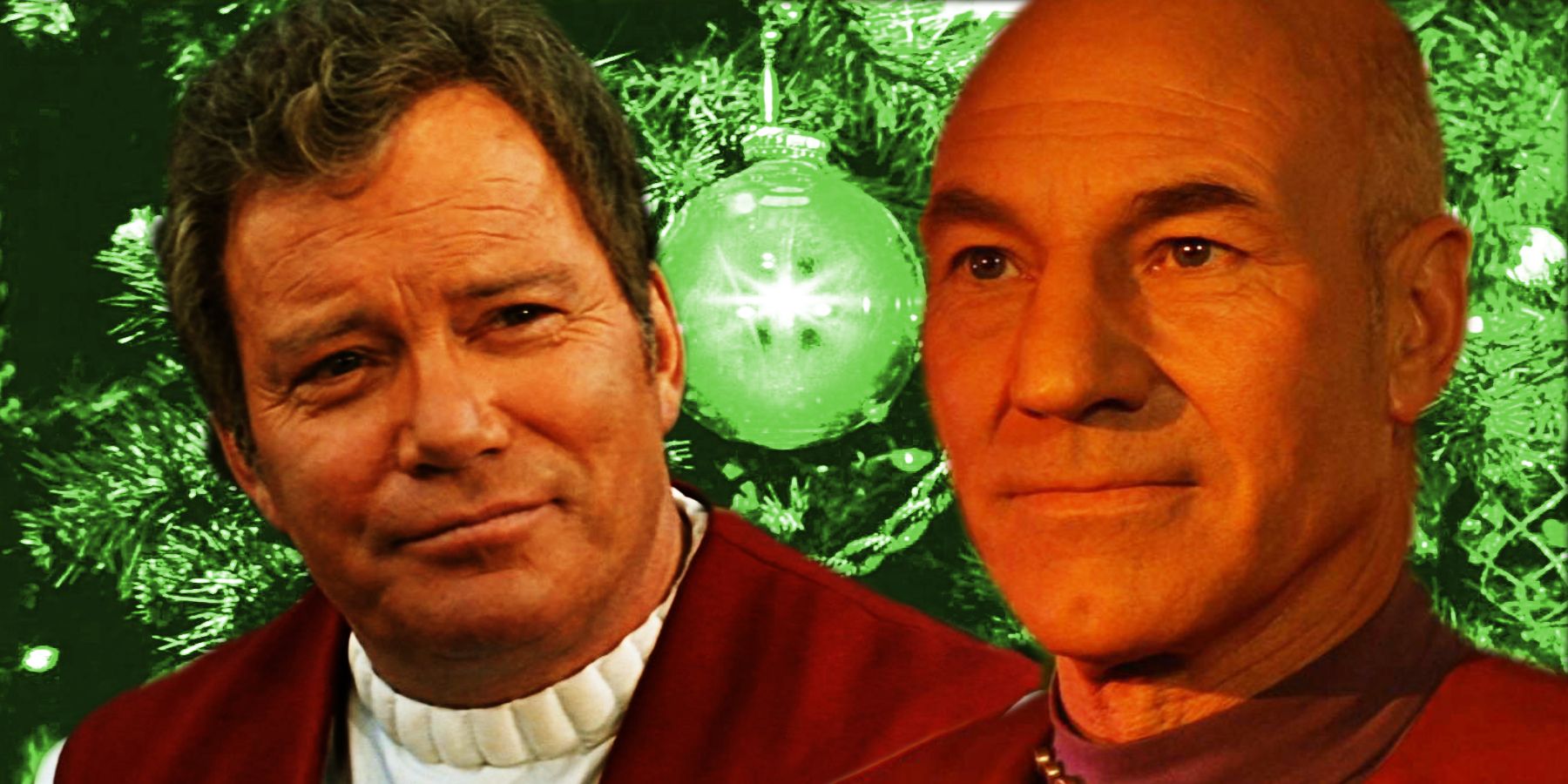 Kirk and Picard in front of the Christmas tree from Star Trek Generations
