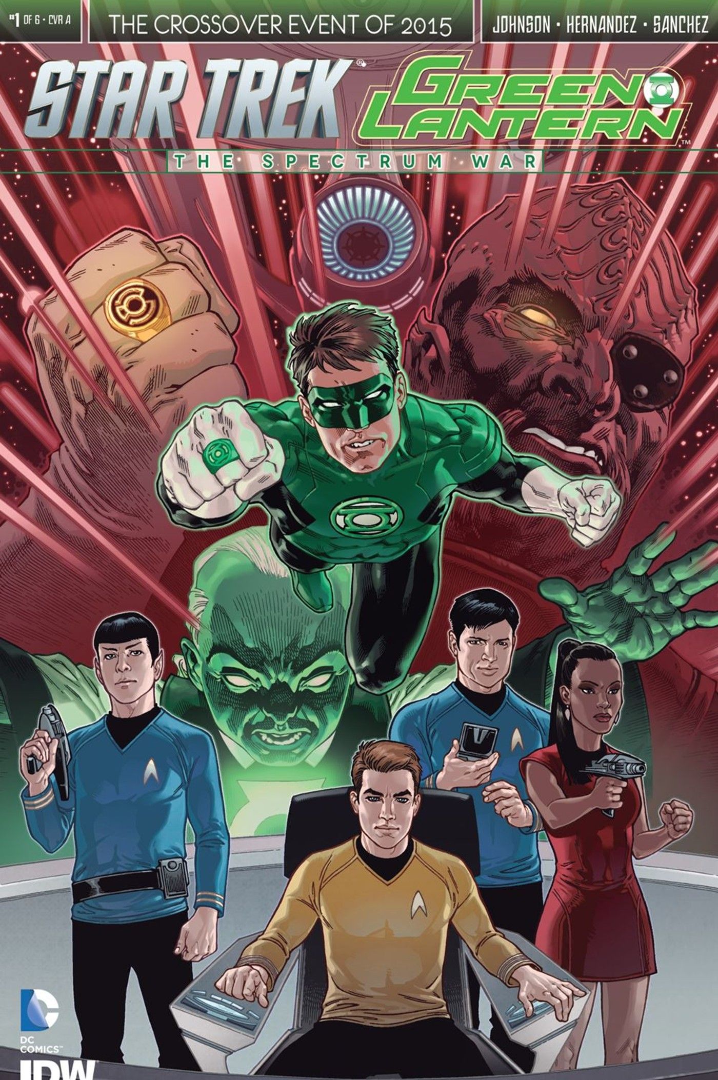 Image of Hal Jordan Green Lantern teaming up with the Kelvin crew of the Enterprise.