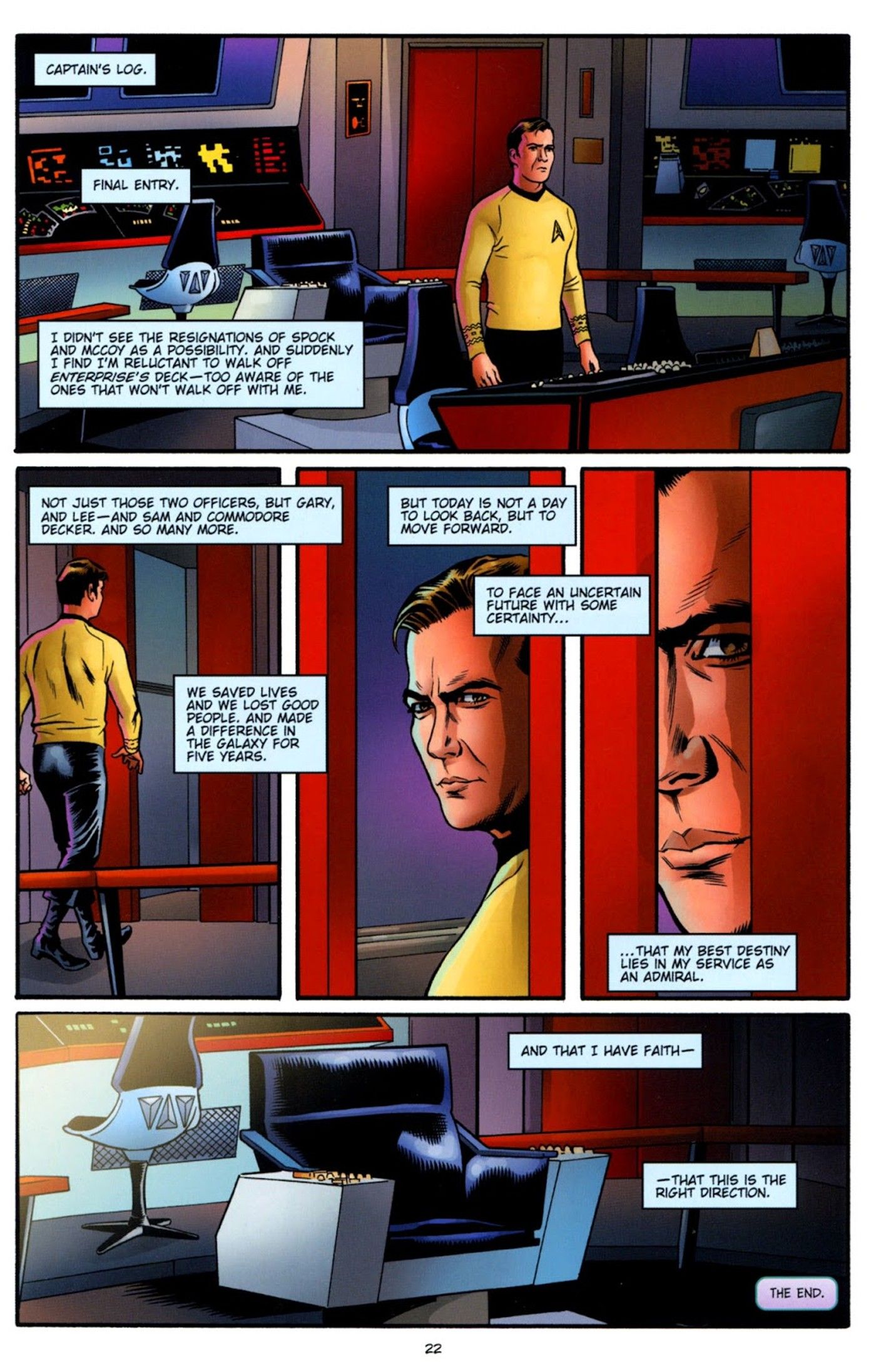 Full page of Kirk leaving the bridge of the Enterprise for the last time, on his way to accept becoming an admiral.