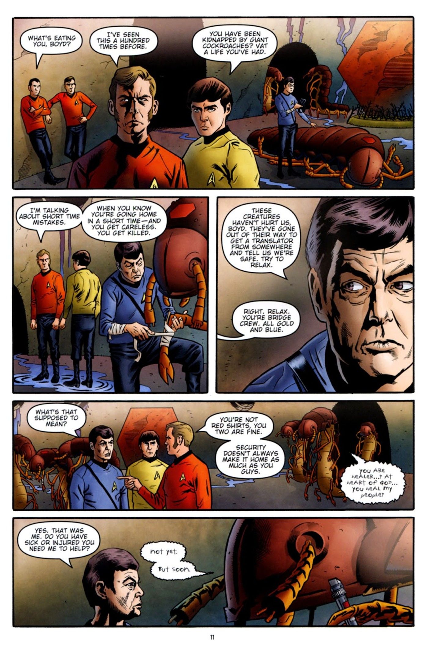 Five panels of a red shirt explaining to McCoy and Chekov why they do not come back from missions as often as others.