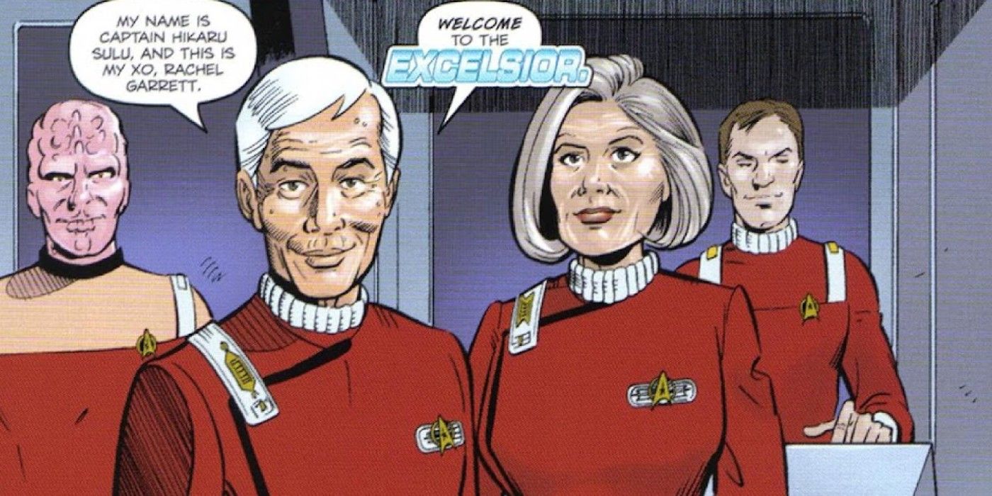 Comic book panel of an elderly Sulu in a transporter room.