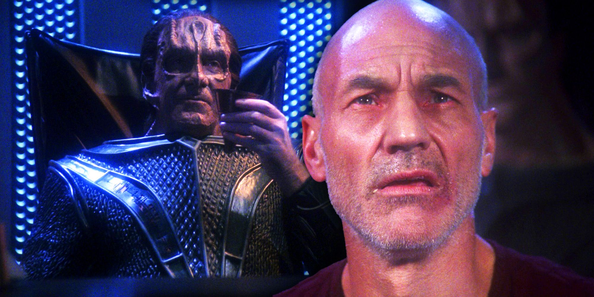 David Warner as Gul Madred sits with a cup while Patrick Stewart as Picard looks haggard in the Star Trek: The Next Generation episode 