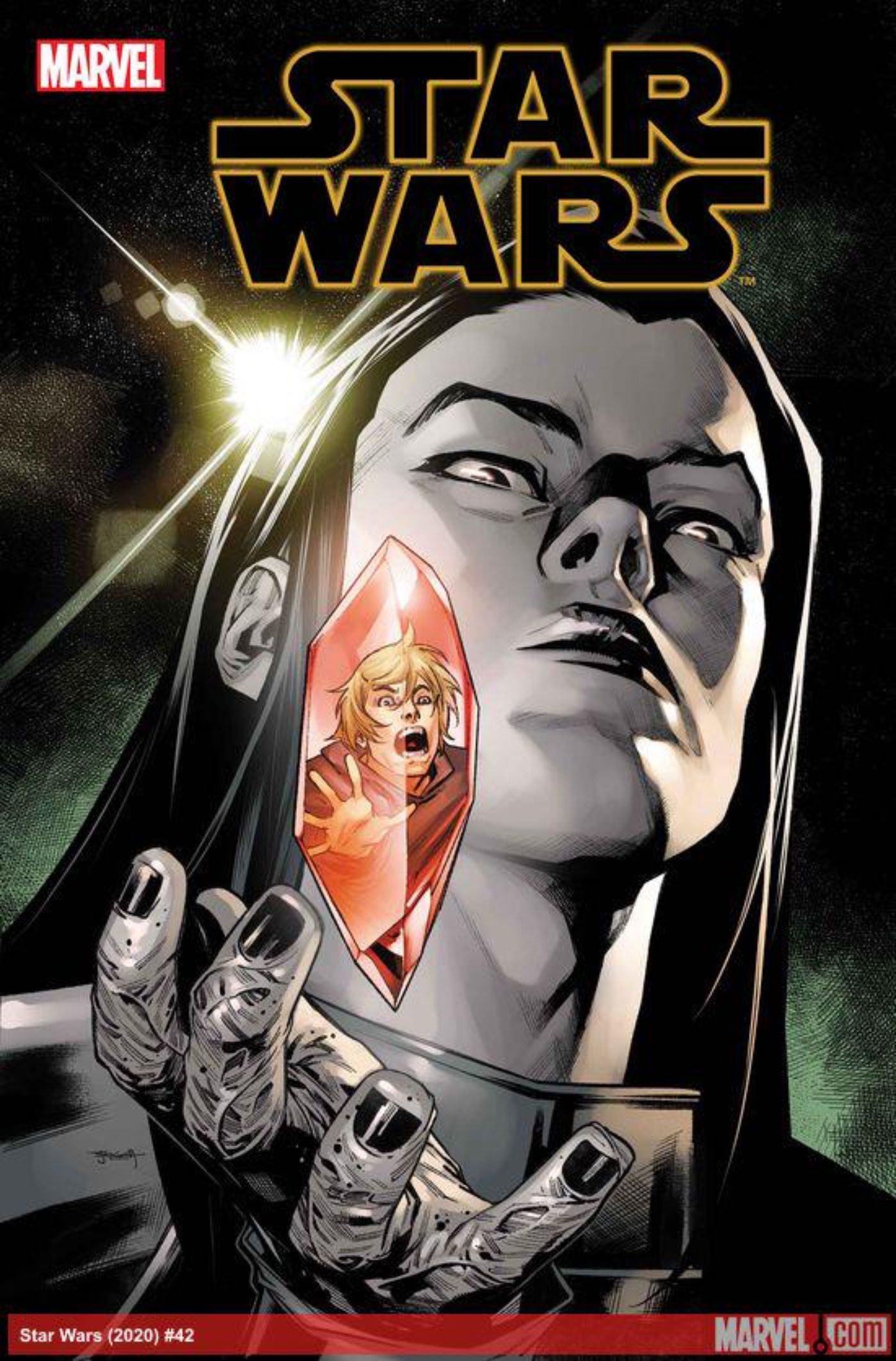 Star Wars #42 Cover Art, Sith holding kyber crystal with lUke Skywalker trapped inside