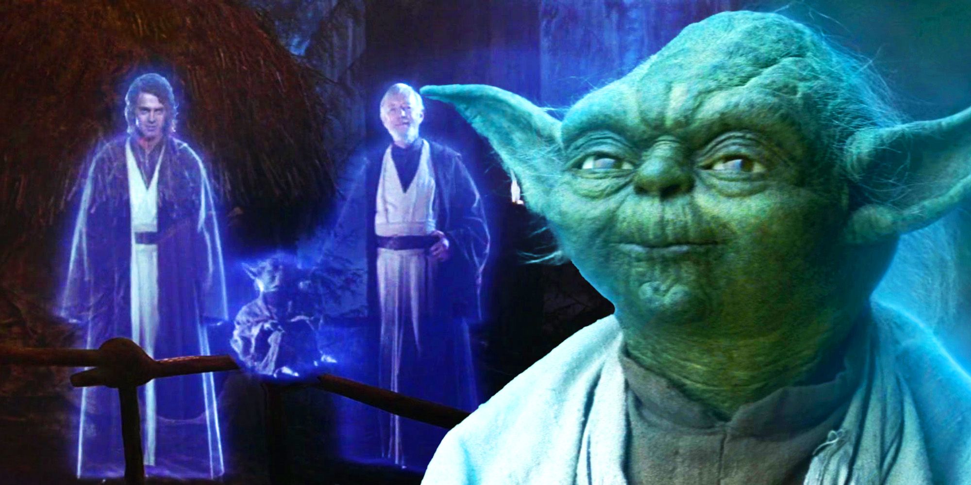 Anakin Skywalker, Obi-Wan Kenobi, and Yoda stand together as Force ghosts in Return of the Jedi with Yoda's The Last Jedi Force ghost