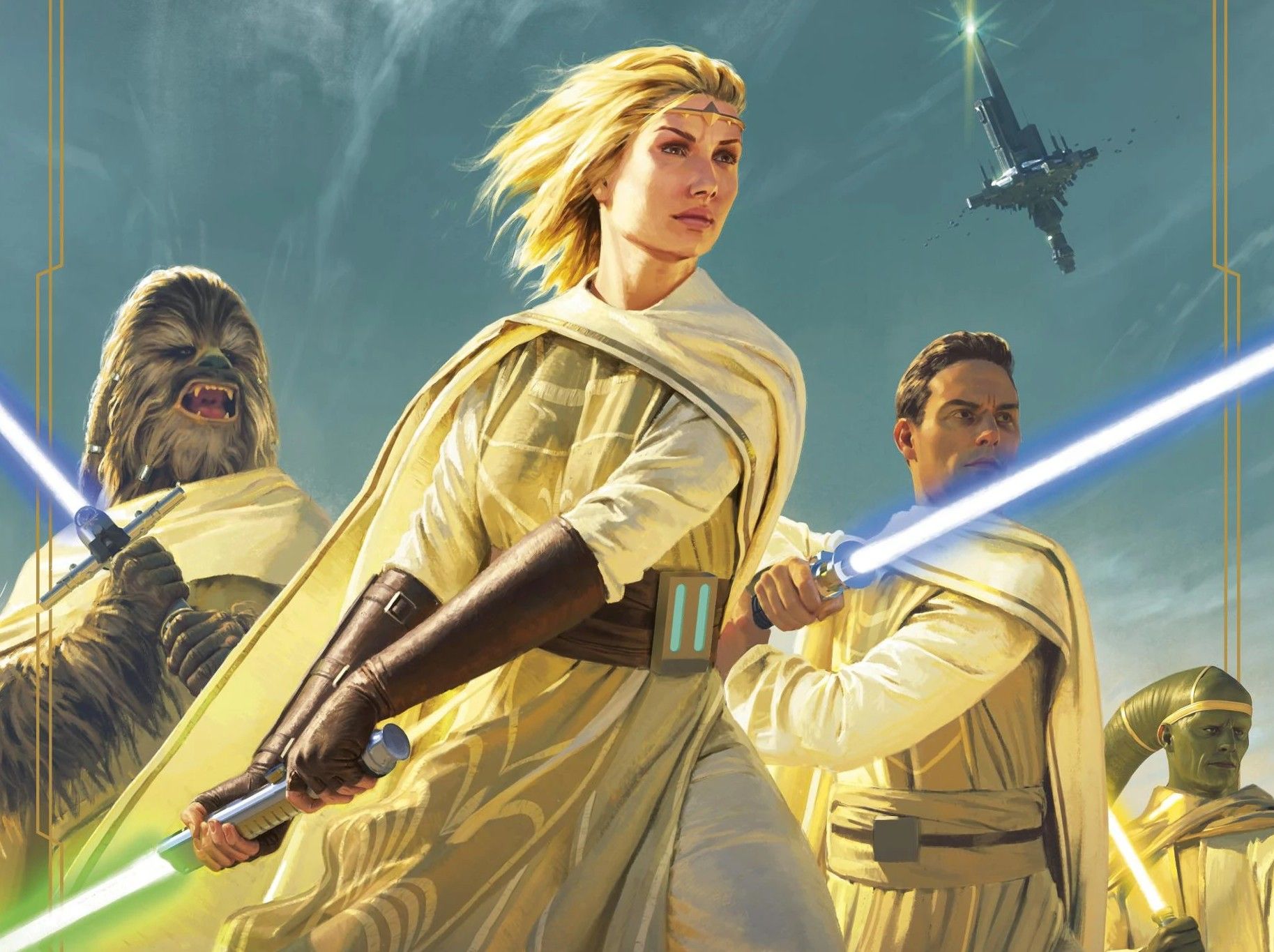 star wars the jedi of the high republic wield lightsabers with the starlight becaon in the background