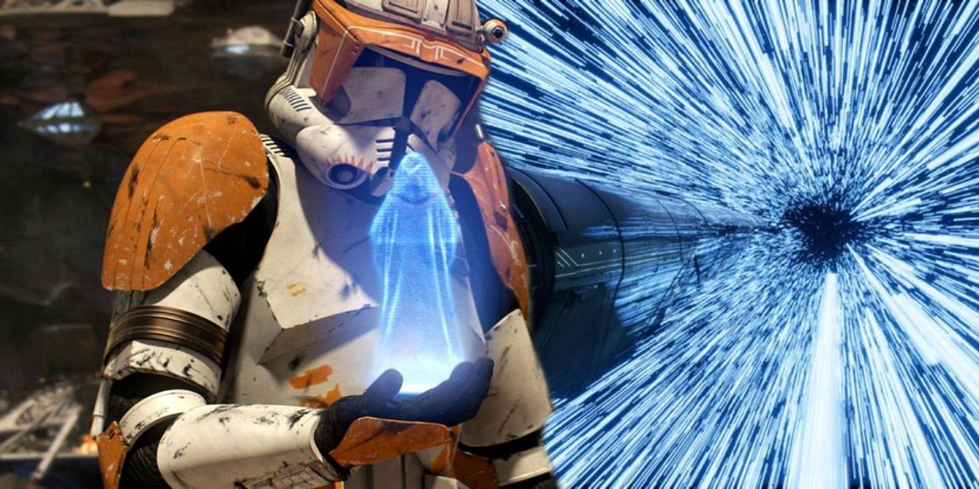 Star Wars' Commander Cody executing Order 66 next to a hyperspace lane.