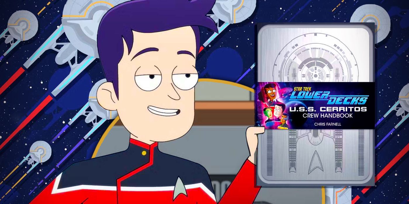 Edited image of Boimler in Star Trek: Lower Decks holding the USS Cerritos Crew Handbook